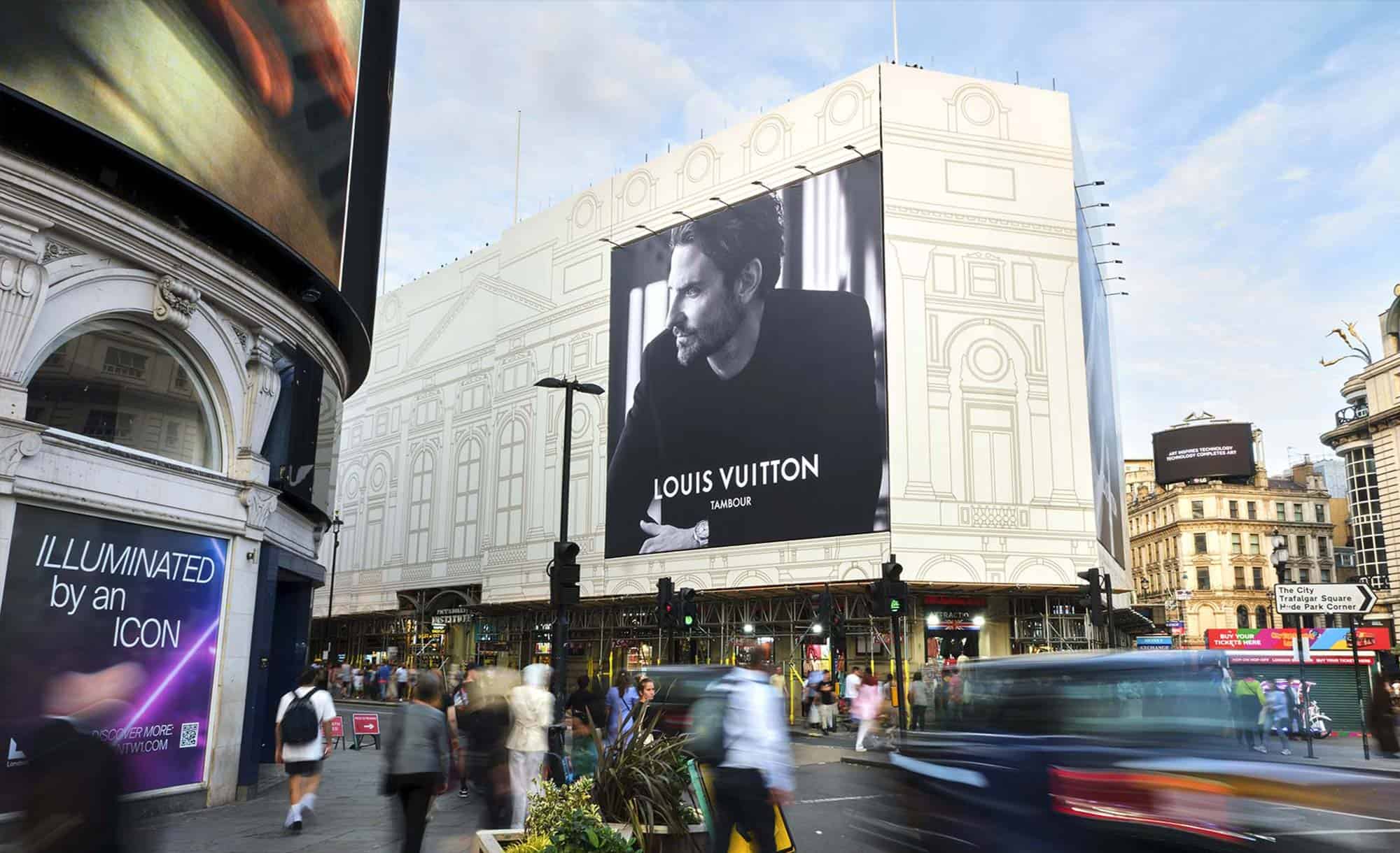 billboard in Piccadilly Circus, London with Louis Vuitton (fashion)