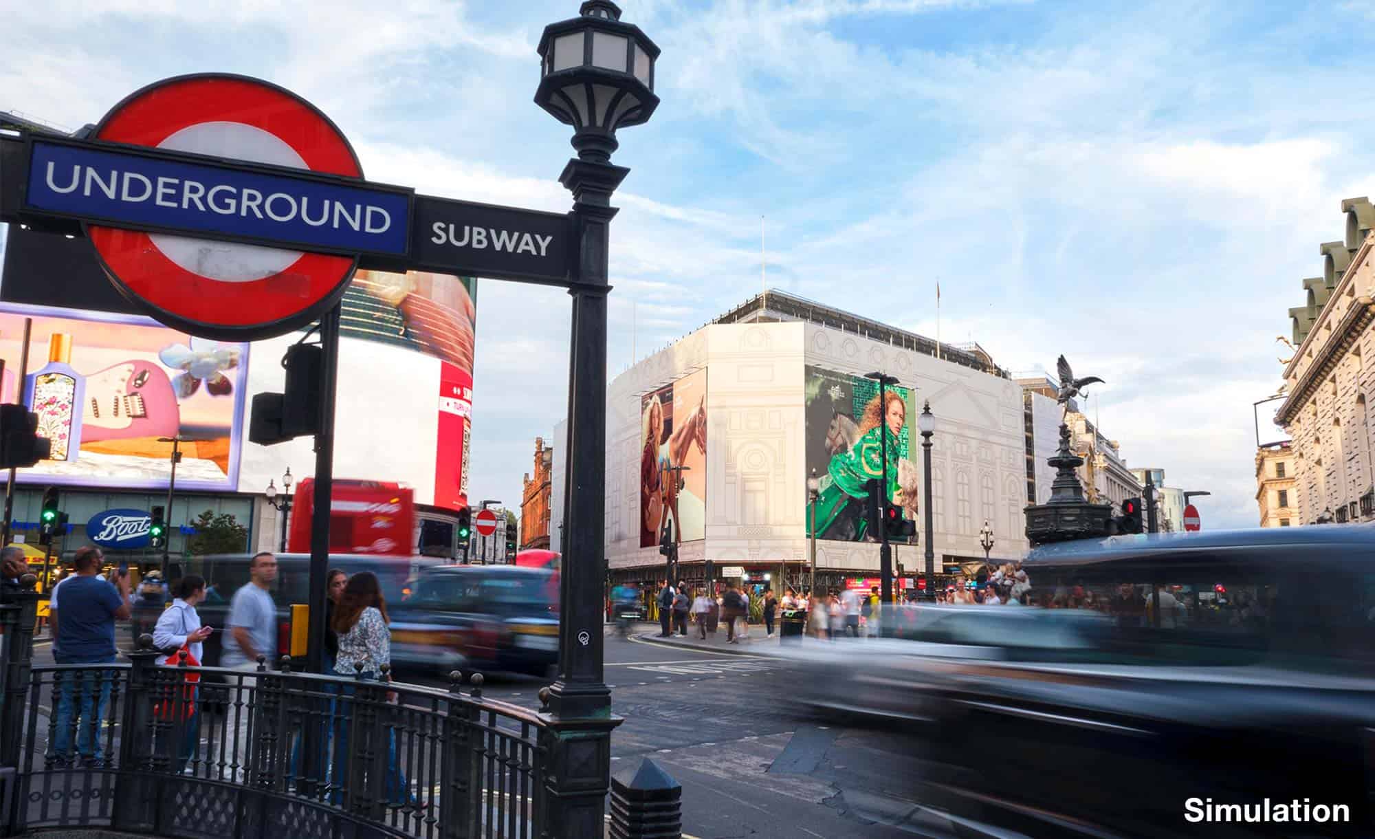 billboard in Piccadilly Circus, London with Hermes (luxury)