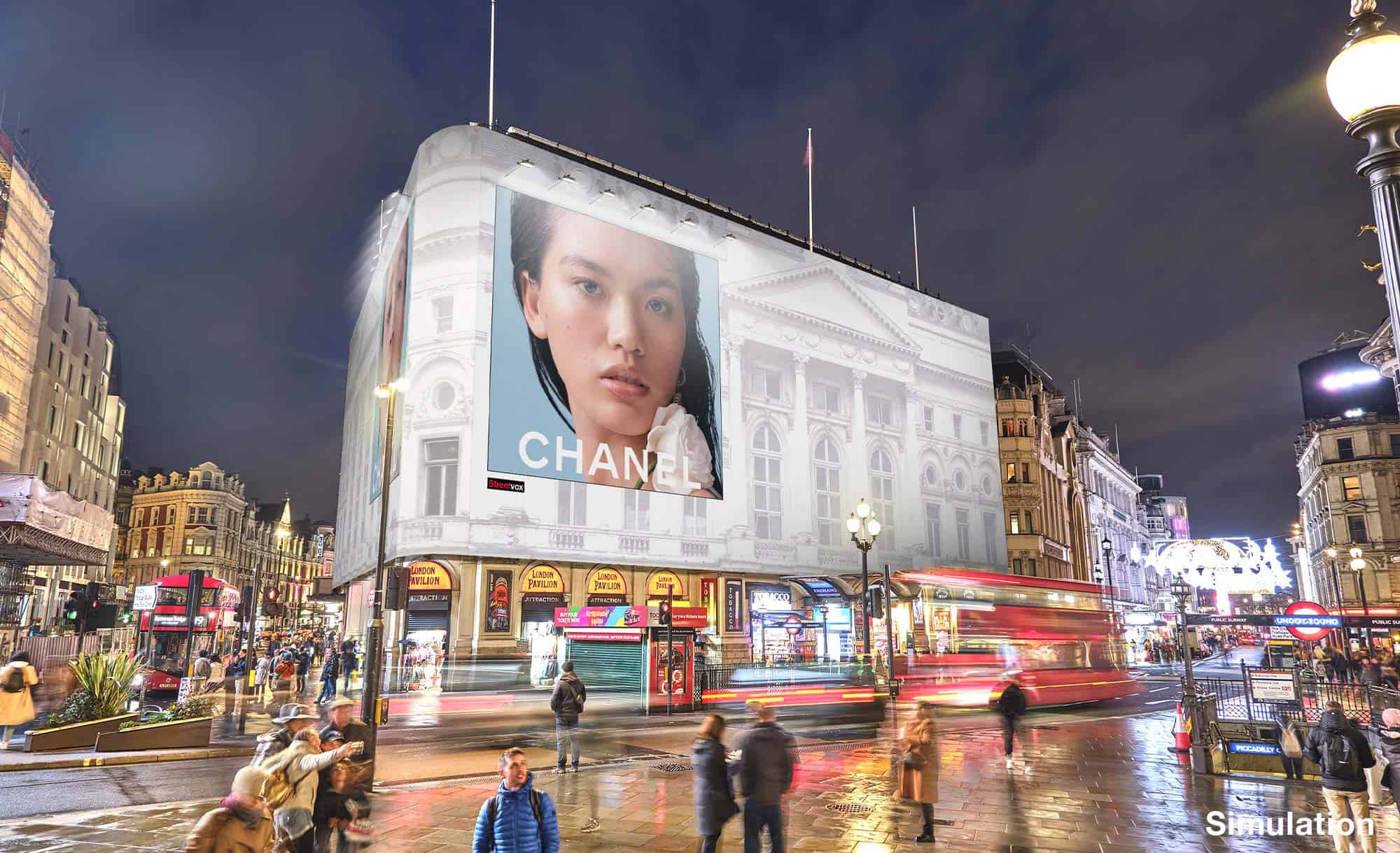 billboard in Piccadilly Circus, London with Chanel (fashion)