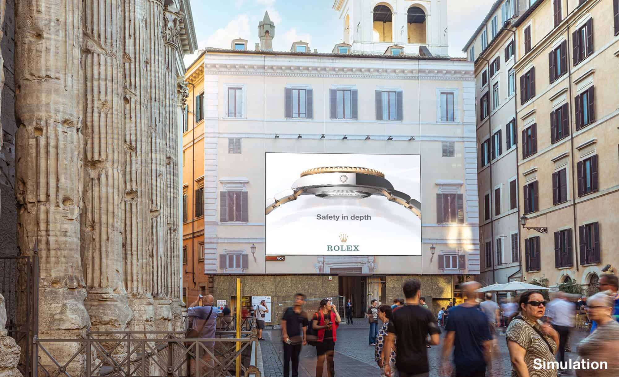 billboard in Piazza di Pietra 26, Rome with Rolex (luxury)